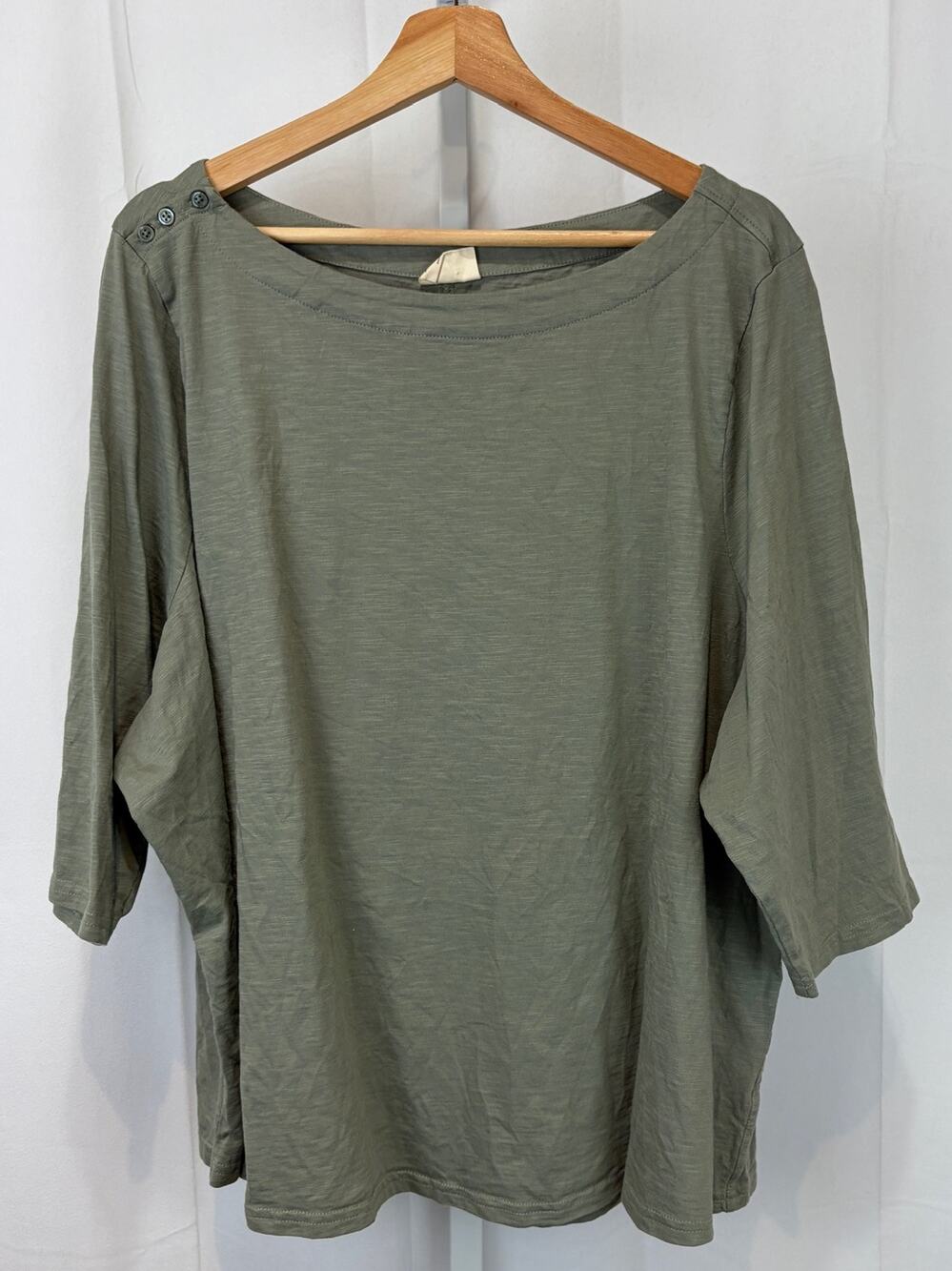 PACT Boat Neck 3/4 Sleeve Top Button Trim Pullover Organic Cotton Green XXXL 3XL